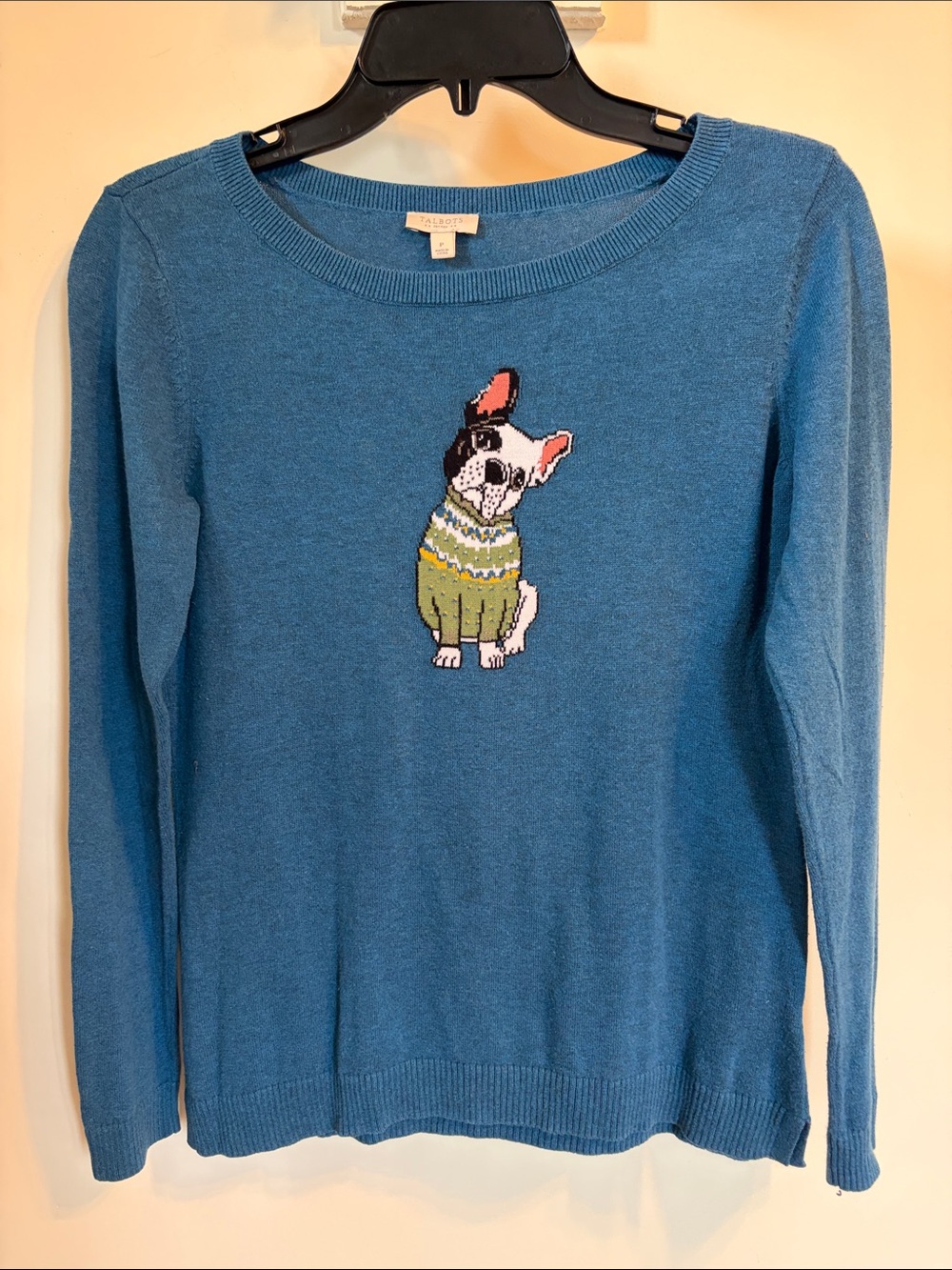 Talbots Petite P French Bulldog Dog Sweater 100% Cotton Teal Blue Intarsia